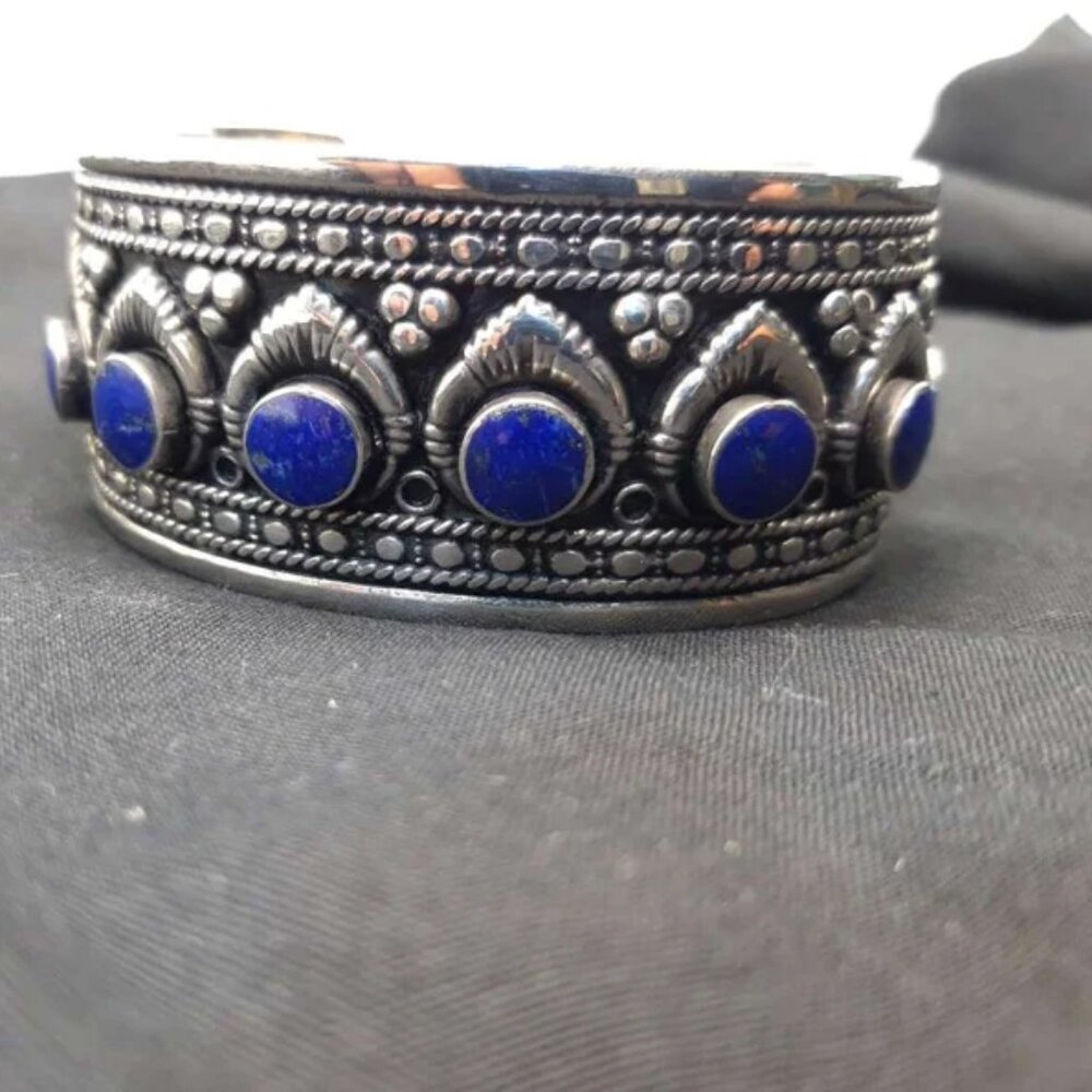 Single Boho Kuchi Cuff Bracelet: Tribal Afghan Silver Bracelet with Stones
